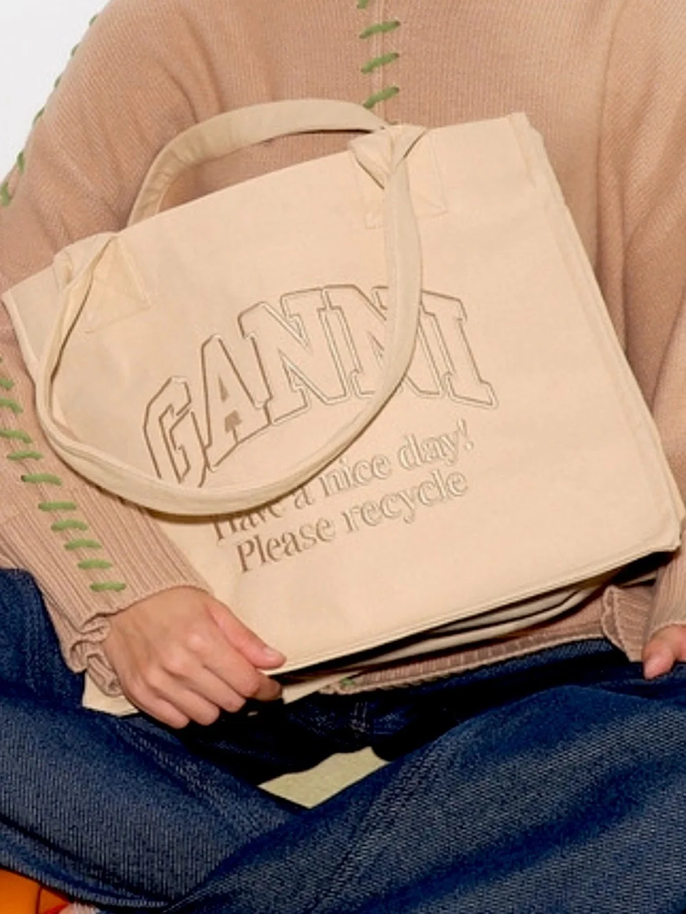 NWT Ganni tote tan beige cotton canvas tote gold embroidered logo w/ silk insert